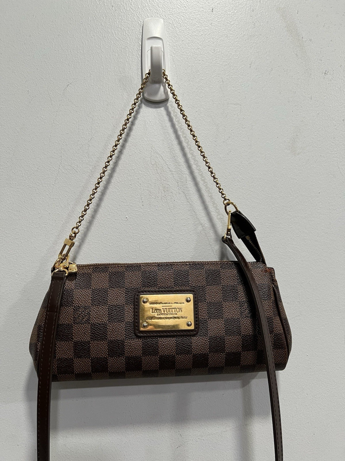 Louis Vuitton Damier Ebene Eva Clutch Crossbody Bag With Authenticity