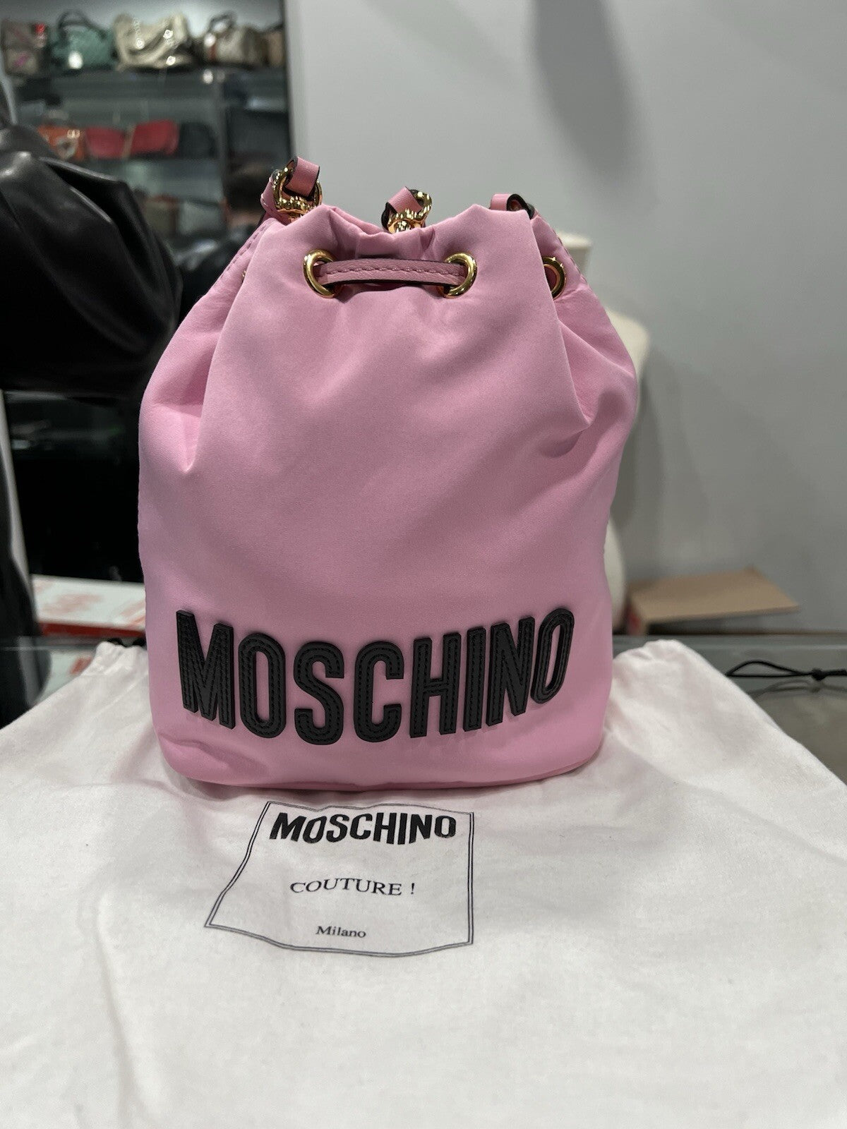 Moschino Couture Pink Nylon Bucket Crossbody/Wrist Bag NWT & Duster