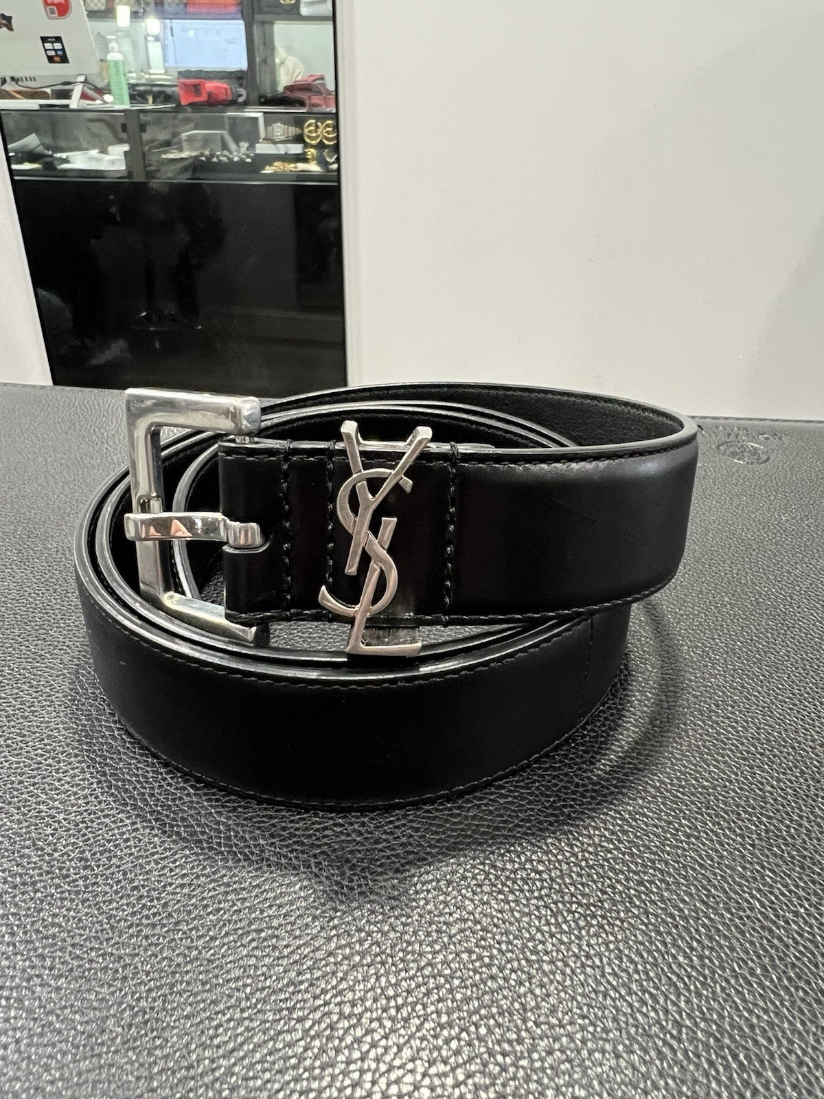YSL Black & Silver Plated Cassandre Leather Monogram Belt Sz 90cm
