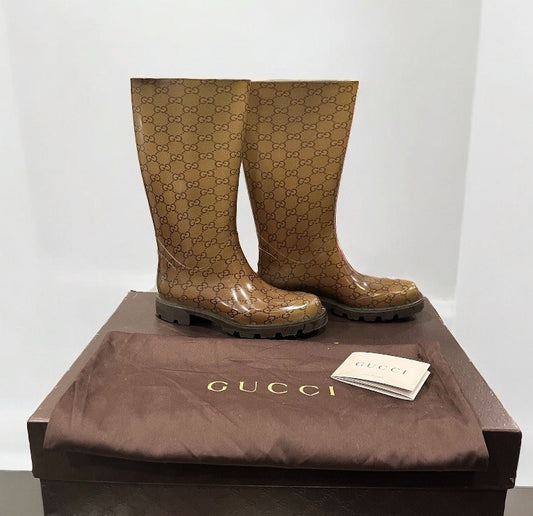 Gucci Signature Monogram Rubber Rainboots Size 6 Box & Duster