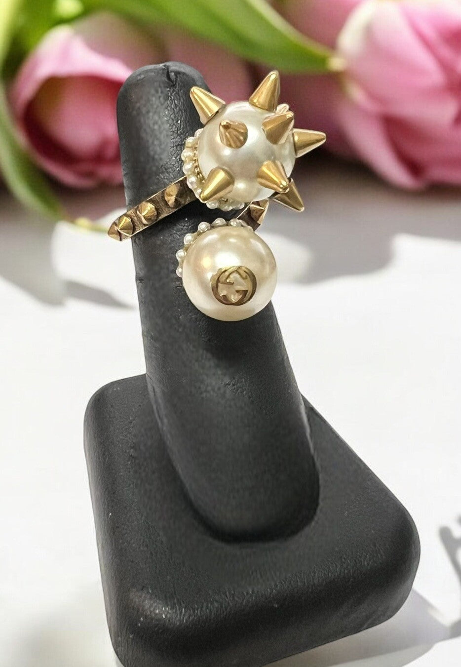 Gucci Faux Pearl Spike Bypass Cocktail Ring Size 6.5