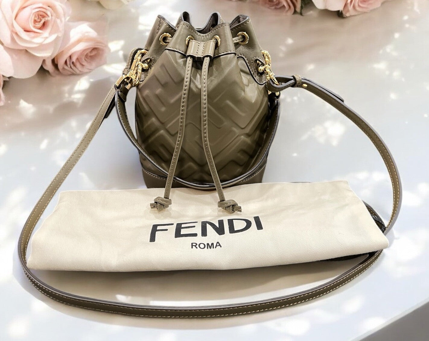 Fendi Forest Green Mon Tresor Bucket Bag W/Duster Retail $1950