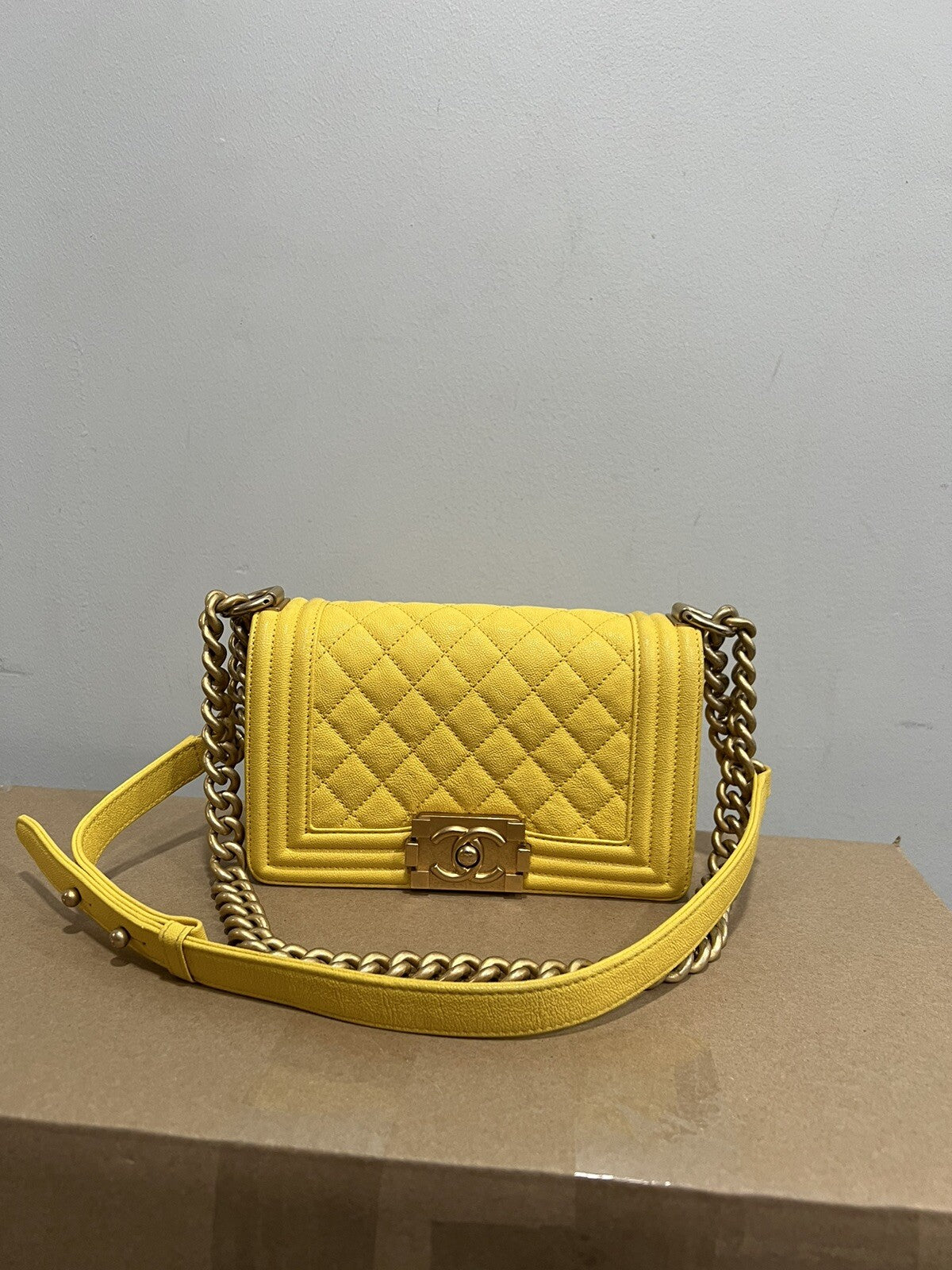 Chanel Caviar Small Yellow Boy Bag With Certificate Of Authenticity