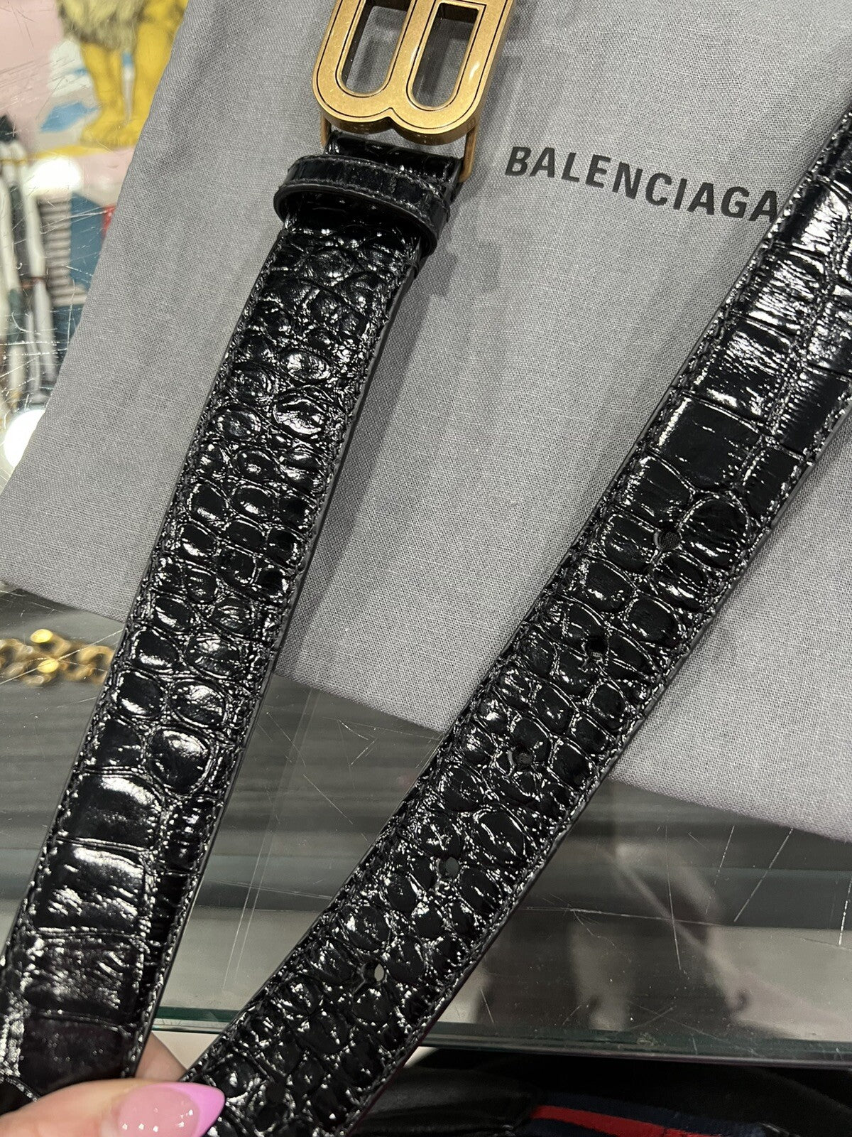 Balenciaga Black Croc Embossed Leather Belt with Duster NEW Size S