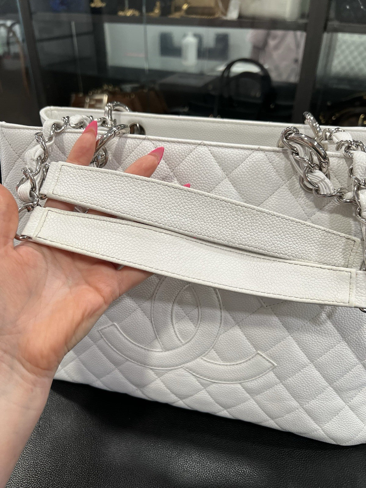 Chanel Caviar Quilted Grand Shopping Tote GST White W/Authenticity