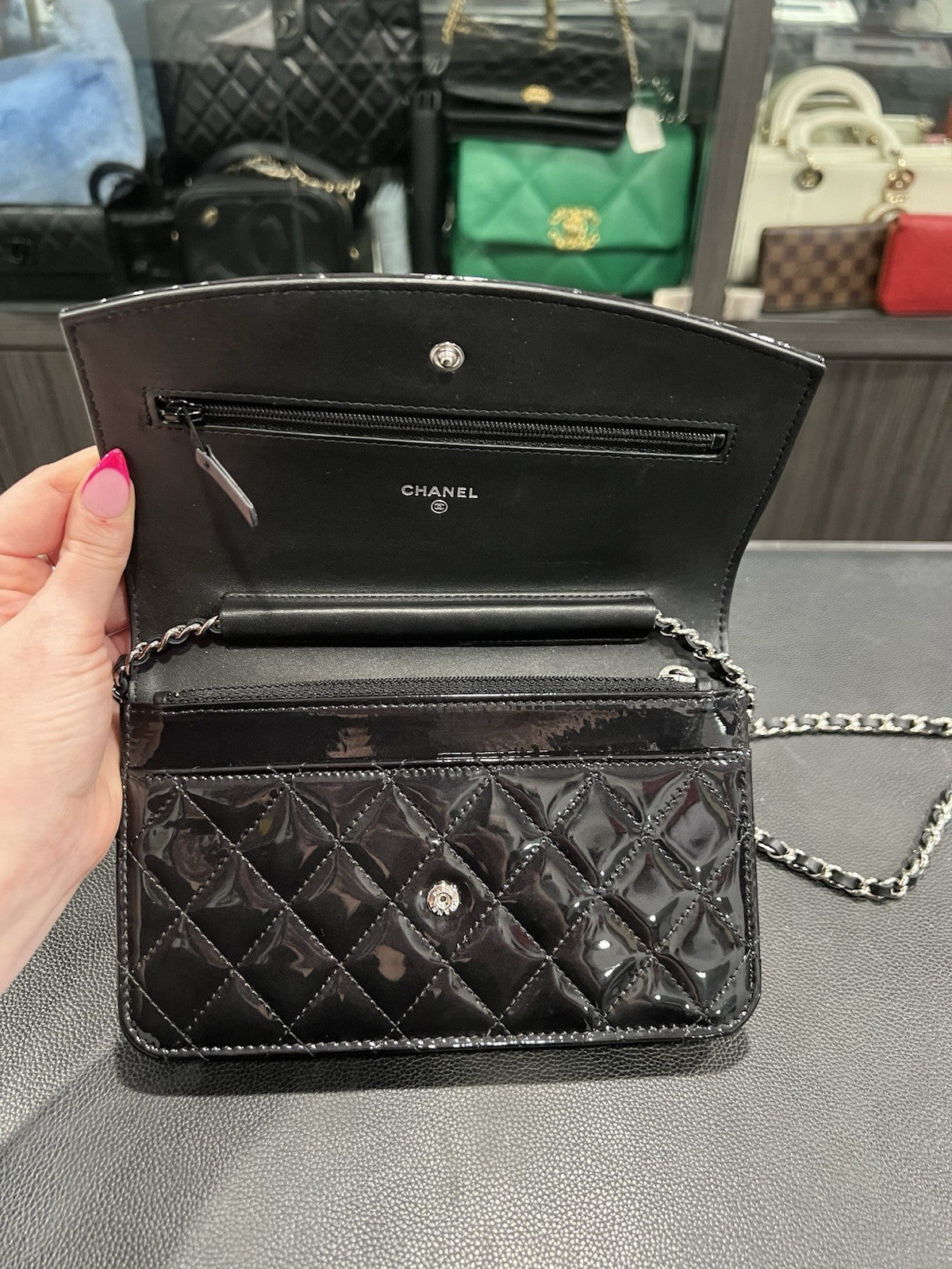 Chanel Black Quilted Patent Leather Brilliant Wallet On Chain Crossbody