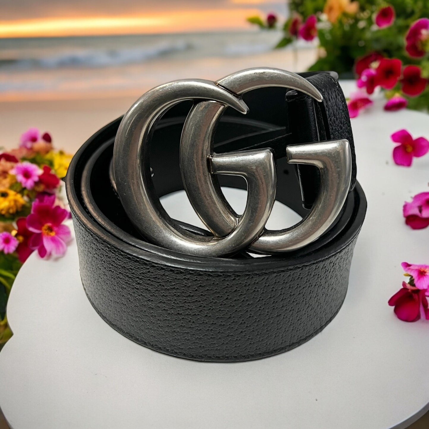Gucci Marmont GG Silver/Black Leather 85cm/34 Belt Retail $540