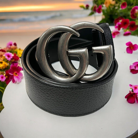 Gucci Marmont GG Silver/Black Leather 85cm/34 Belt Retail $540