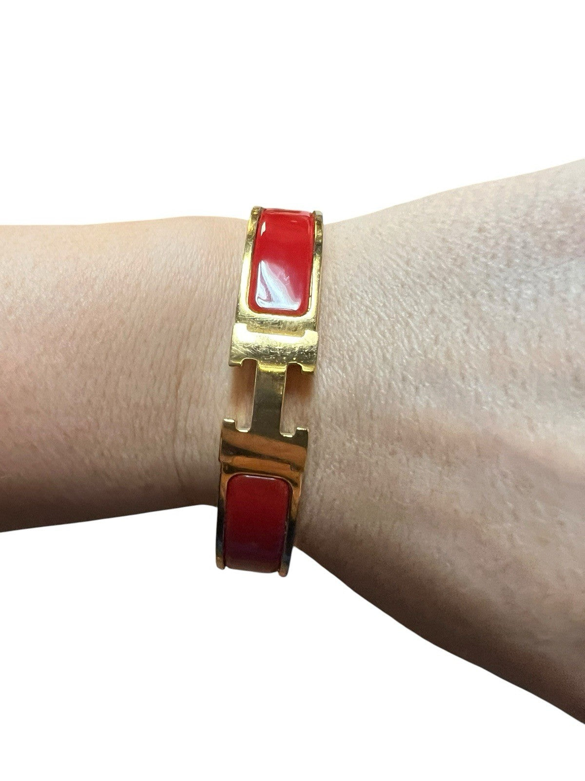 Hermes Click H Red/Gold Cuff Bracelet Retail $810 AUTHENTIC 6.75"