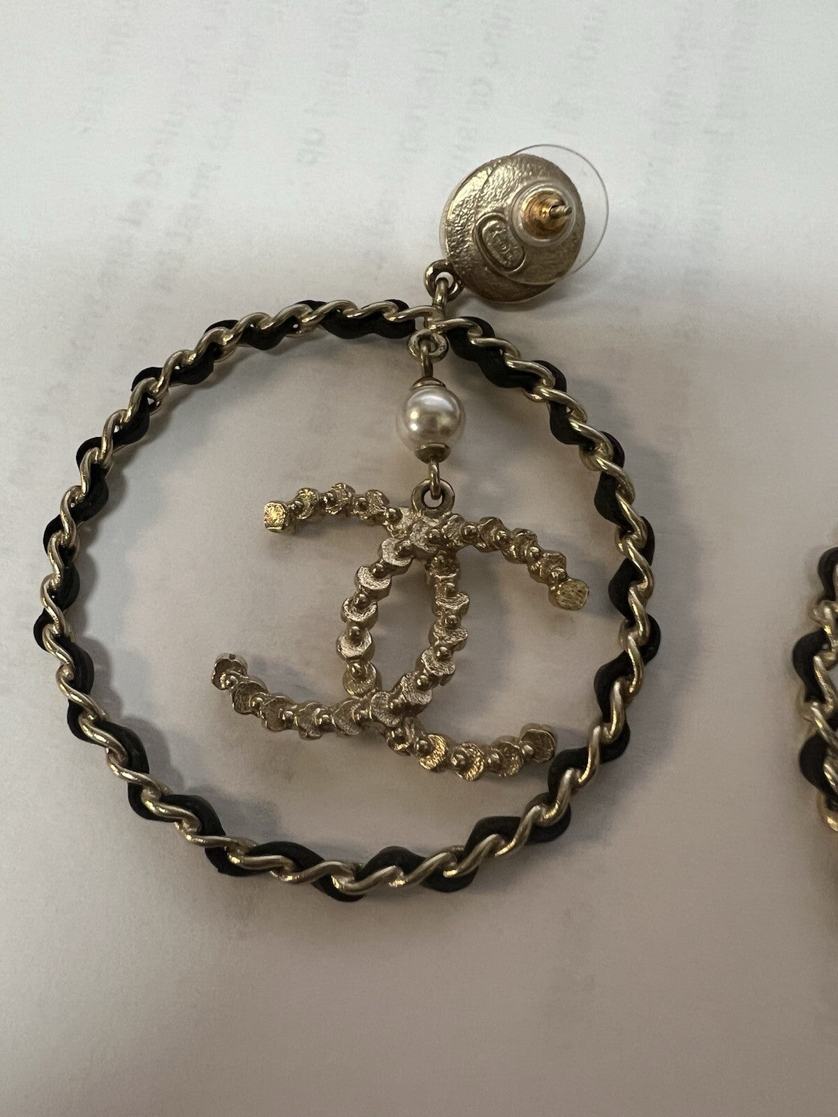 Chanel Lambskin Leather Crystal Pearl Logo Hoop Earrings