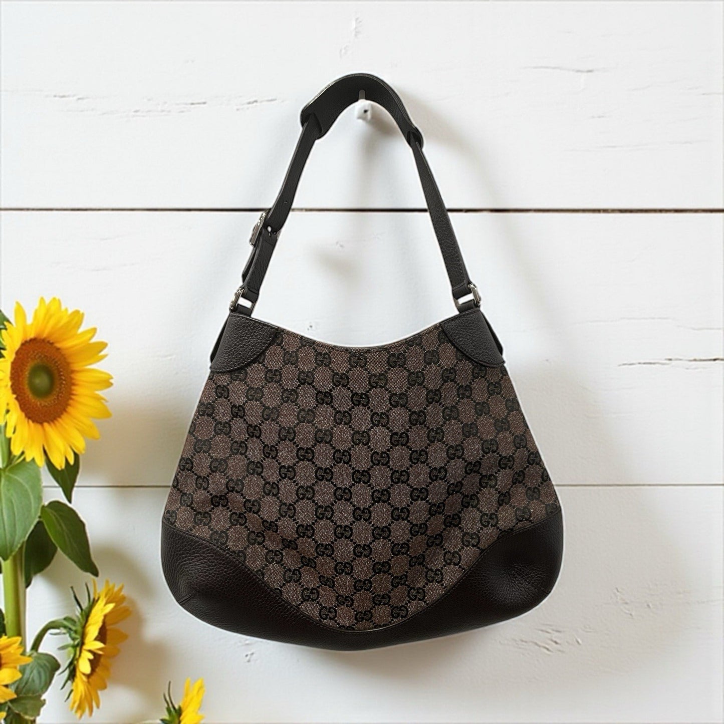 Gucci Charlotte Brown Leather/Denim Cloth Shoulder Bag RARE