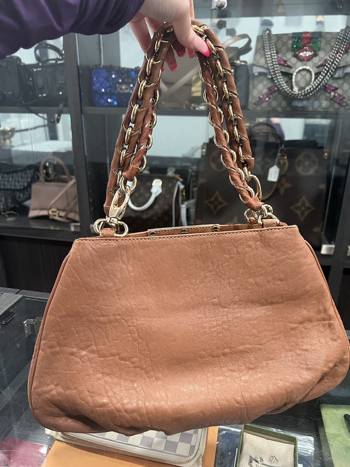 Fendi Small Mia Cognac Chain Shoulder Bag W/Card