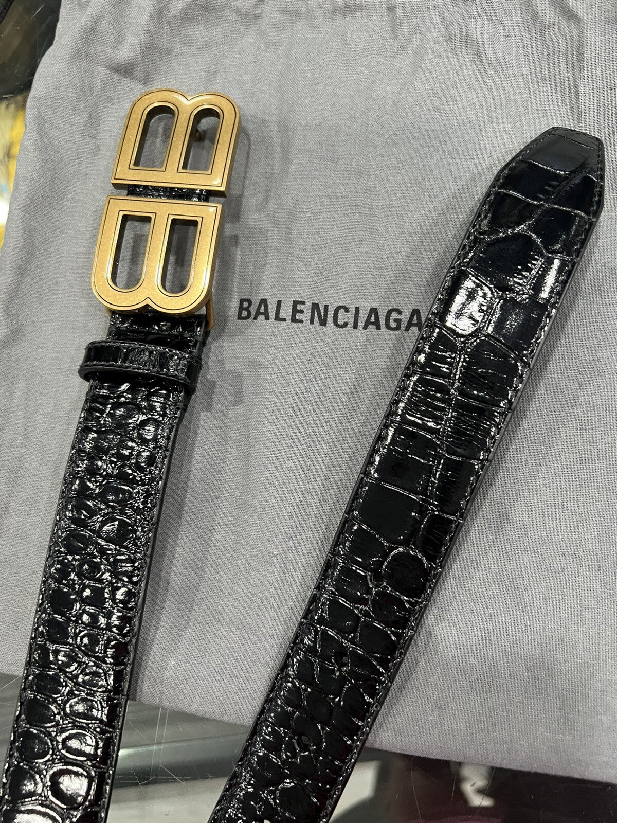 Balenciaga Black Croc Embossed Leather Belt with Duster NEW Size S
