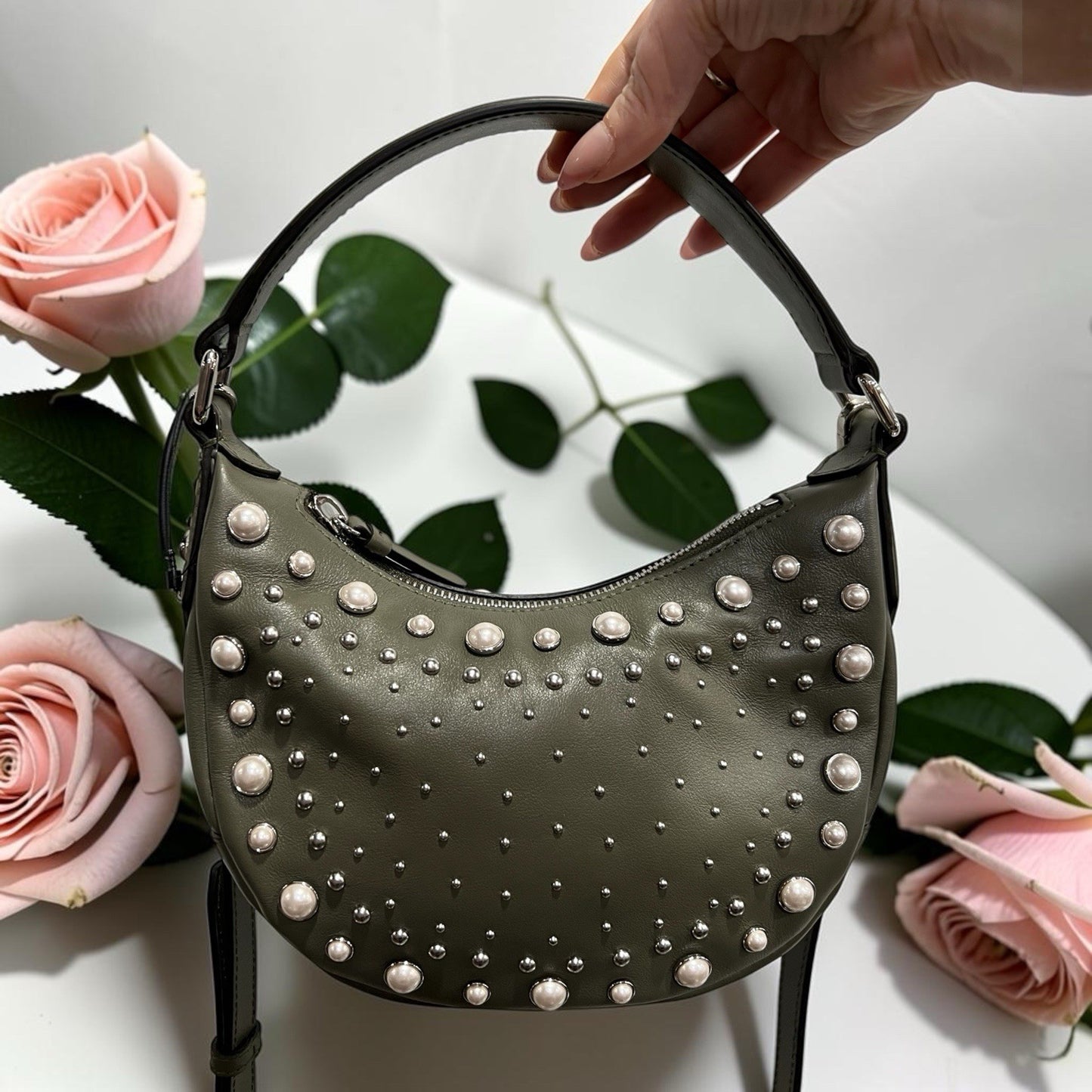 Jimmy Choo Olive Green Pearl Gromet Embellished Crossbody