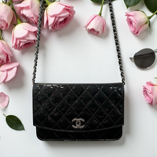 Chanel Black Quilted Patent Leather Brilliant Wallet On Chain Crossbody
