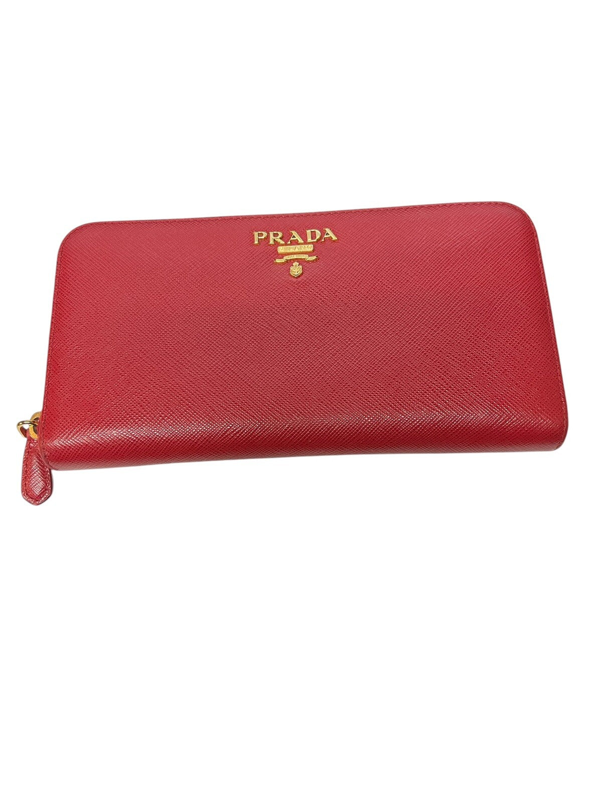 Prada Saffiano Red Leather Zip Around Wallet W/COA