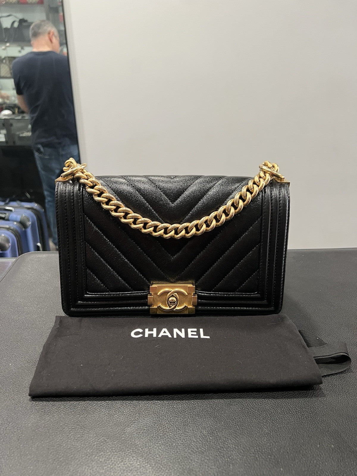 Chanel Black Gold Chevron Caviar Boy Bag With Duster & Authenticity Retail $6900