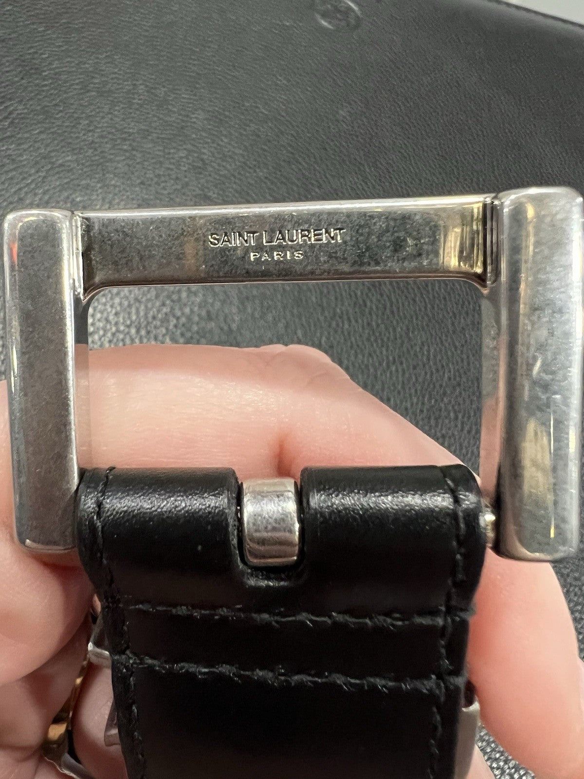 YSL Black & Silver Plated Cassandre Leather Monogram Belt Sz 90cm