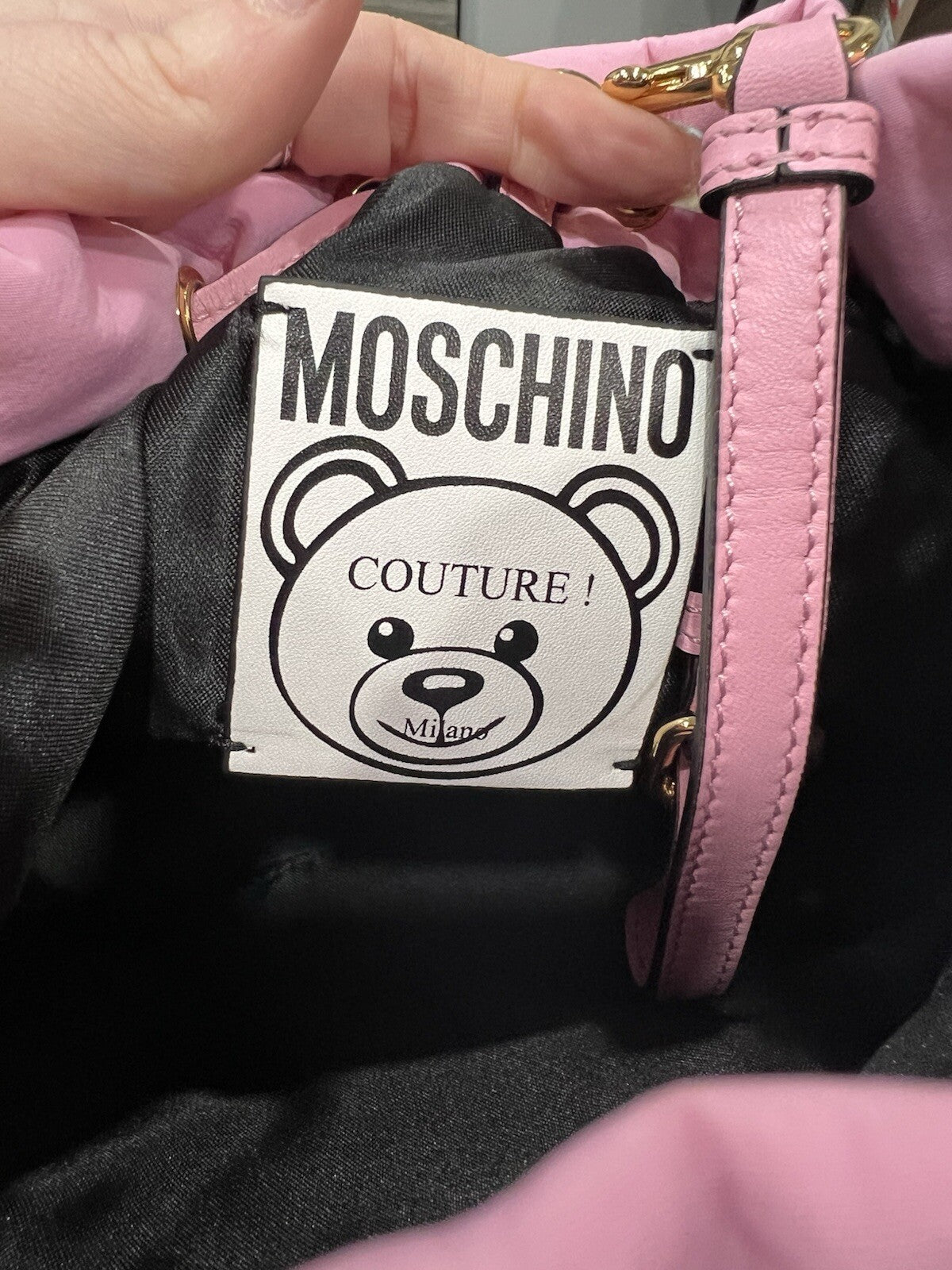 Moschino Couture Pink Nylon Bucket Crossbody/Wrist Bag NWT & Duster