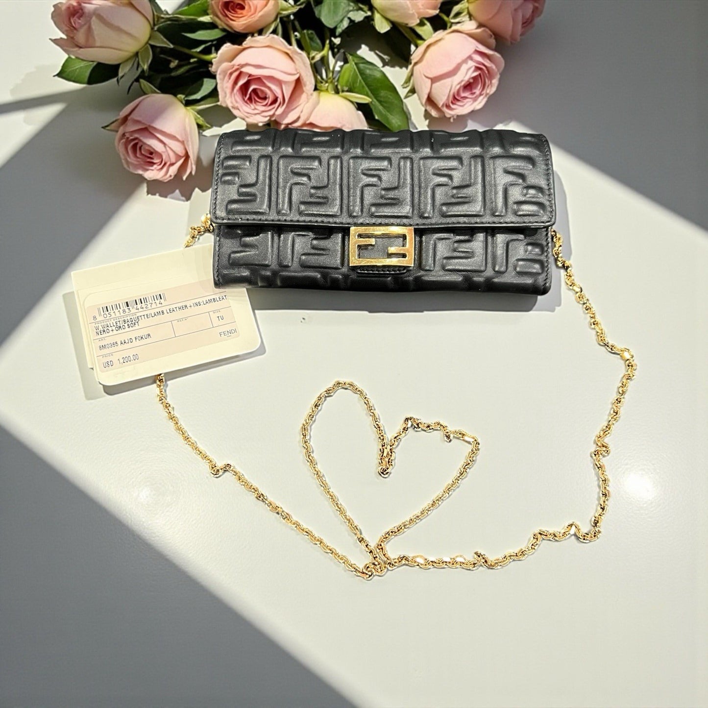 Fendi Black Nappa Leather Baguette Continental Wallet On Chain