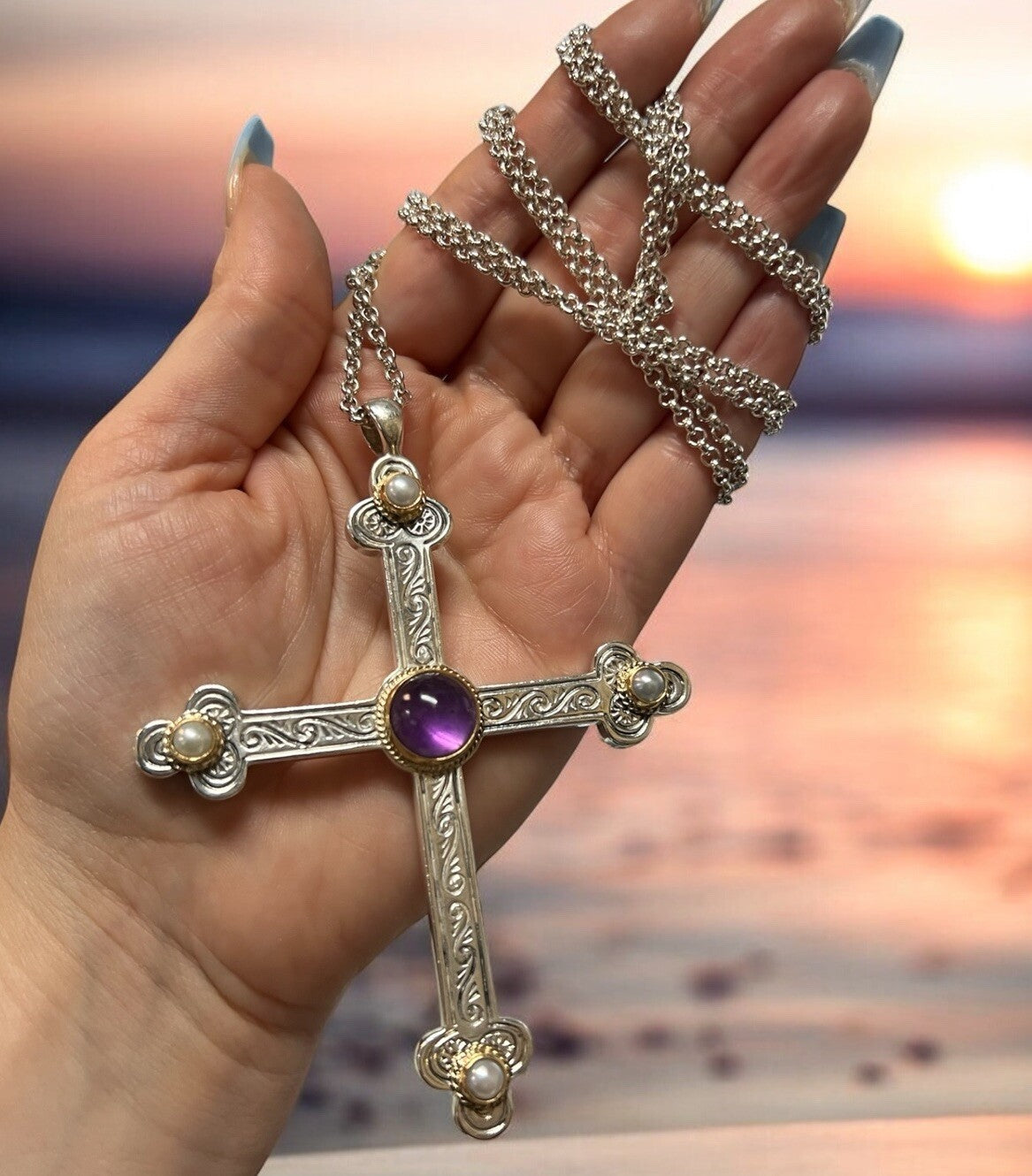 Konstantino .925 Sterling Silver 18k Gold Amethyst Pearl RARE Necklace