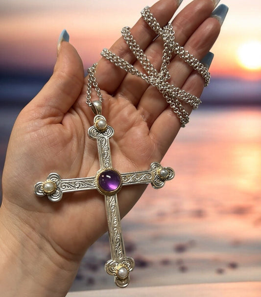 Konstantino .925 Sterling Silver 18k Gold Amethyst Pearl RARE Necklace