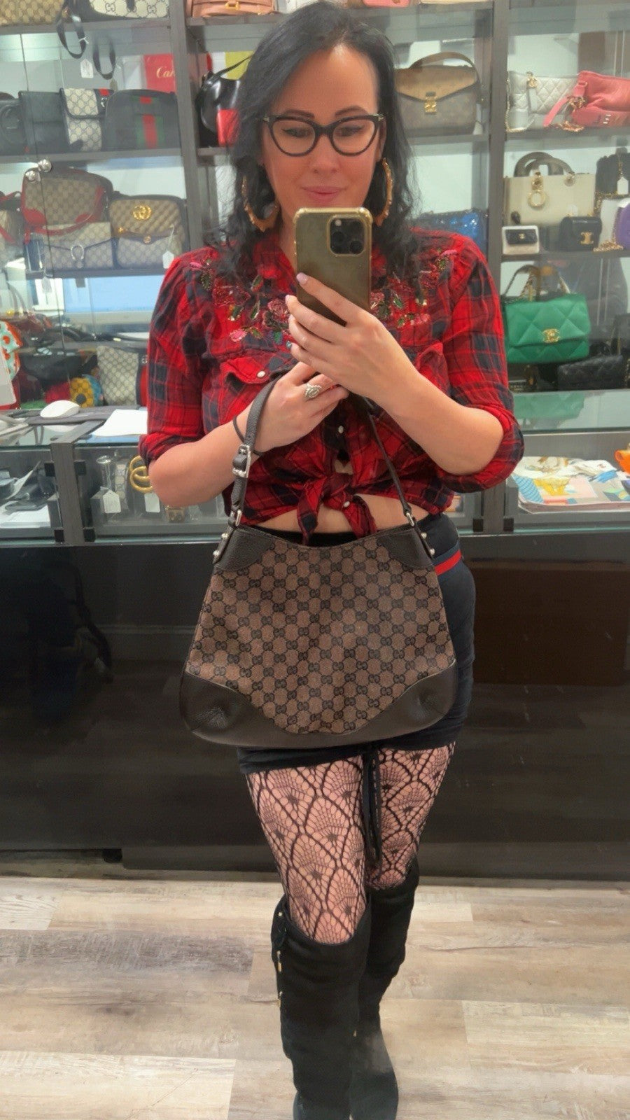 Gucci Charlotte Brown Leather/Denim Cloth Shoulder Bag RARE