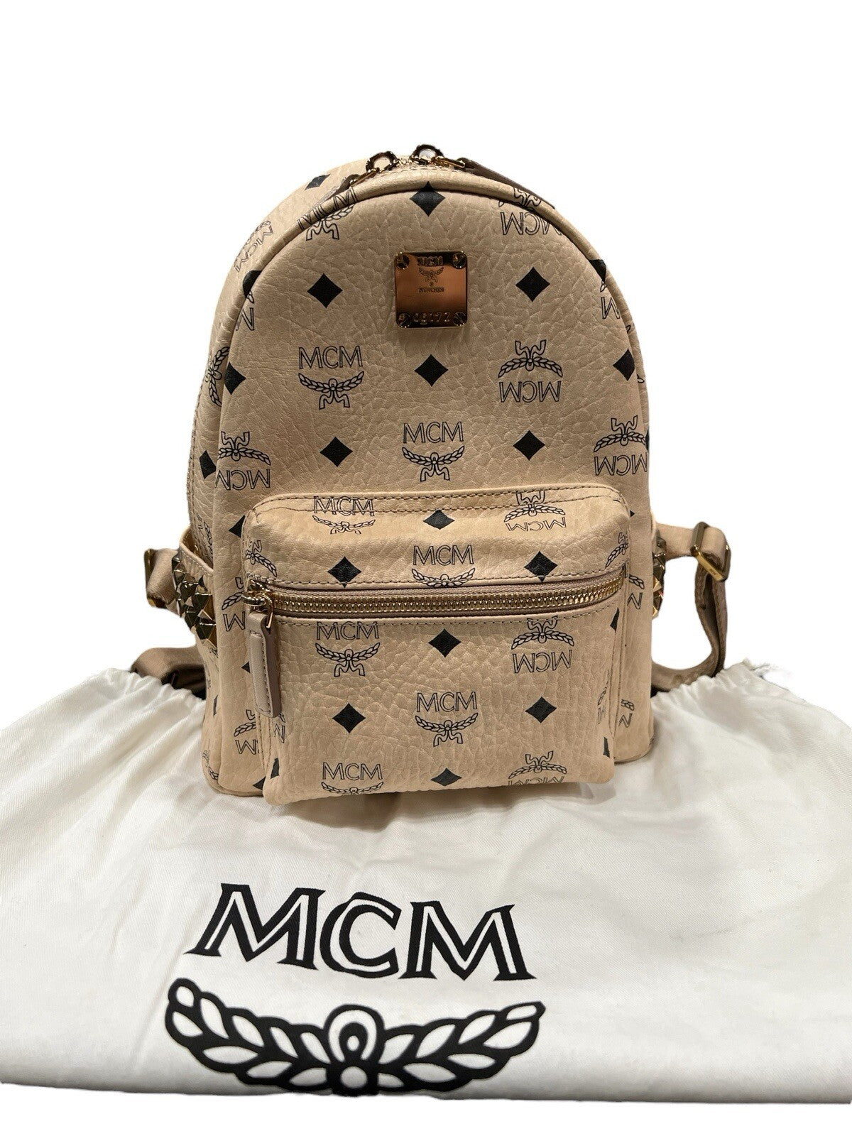 MCM Stark Side Studded Beige Visetos Studded Small Backpack