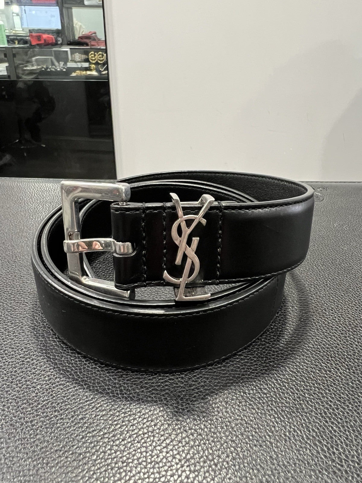 YSL Black & Silver Plated Cassandre Leather Monogram Belt Sz 90cm