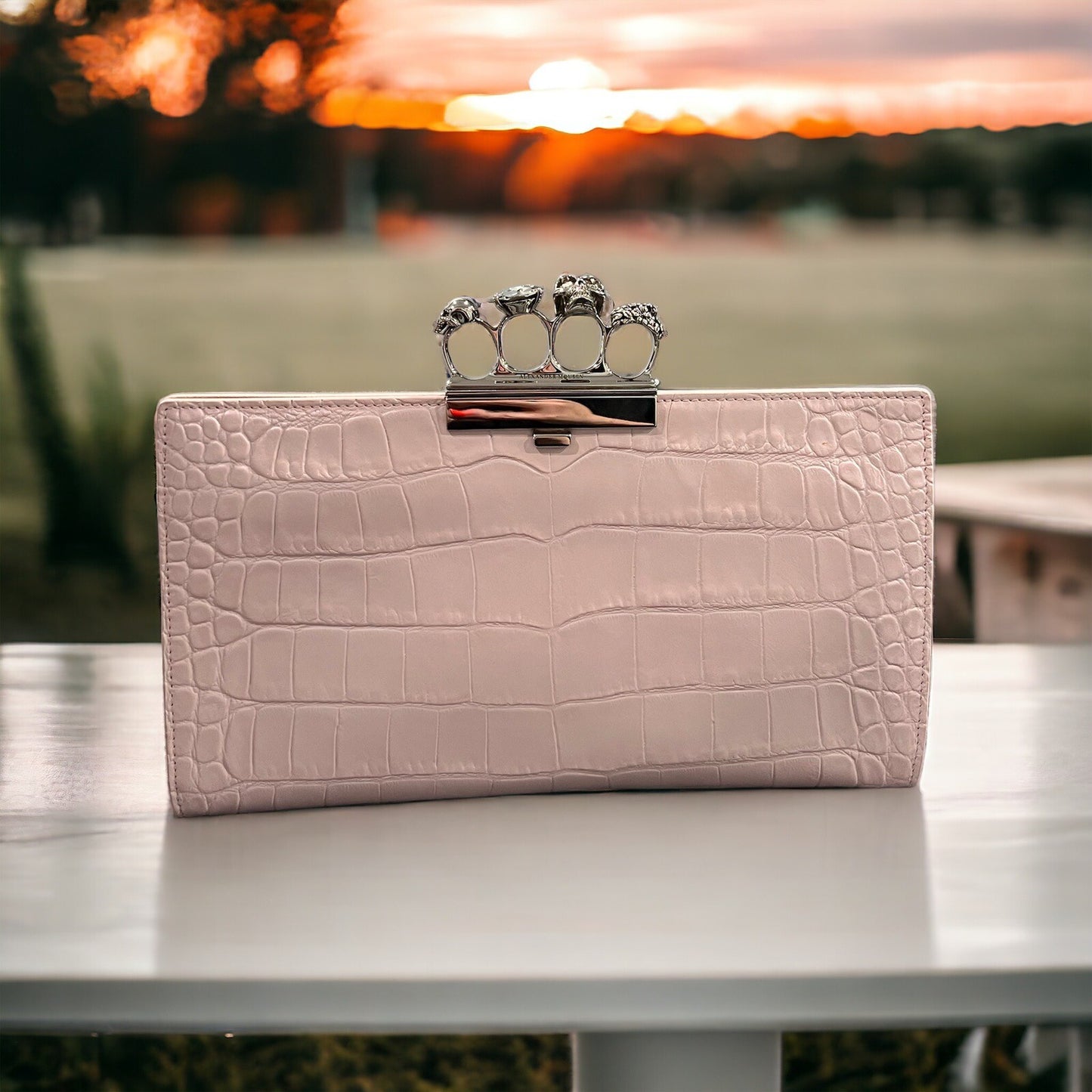 Alexander McQueen Pale Pink Crock Embossed Flat Knuckle Clutch