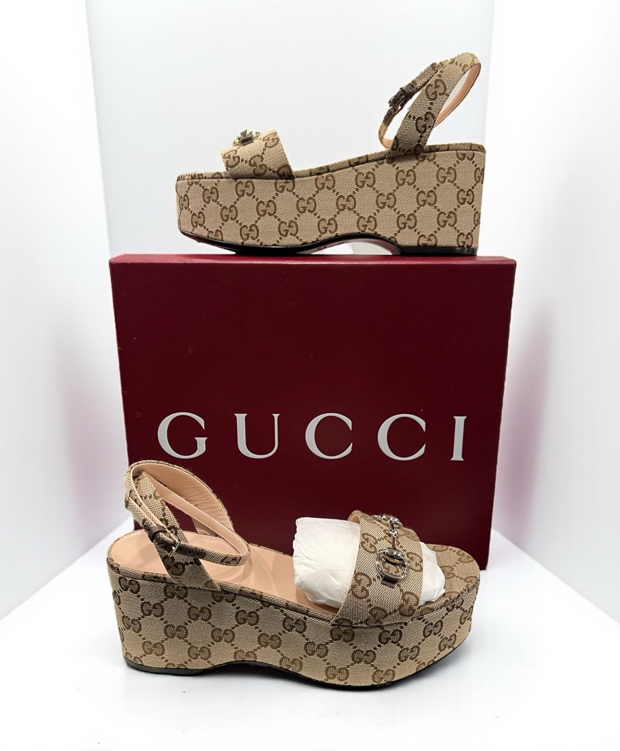 Gucci Lady GG Canvas Bit Platform Sandals 38.5/US8.5 Retail $1,030