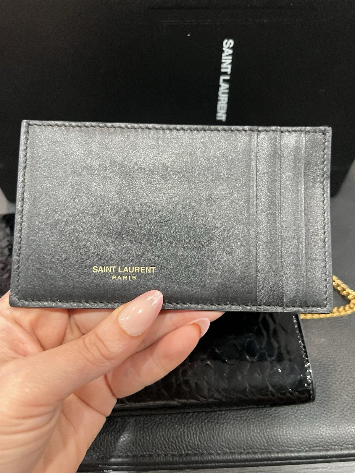 YSL Saint Laurent Snake Patent Uptown Box Duster & Card Holder Retail $1590