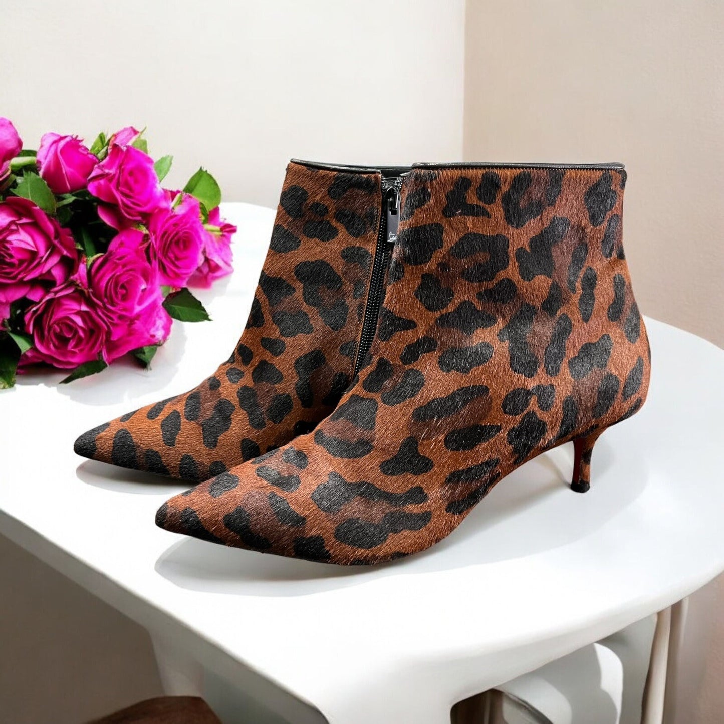 Christian Louboutin So Kate Leopard Pony Hair 55 Ankle Boot Kitten Heels 37/US7