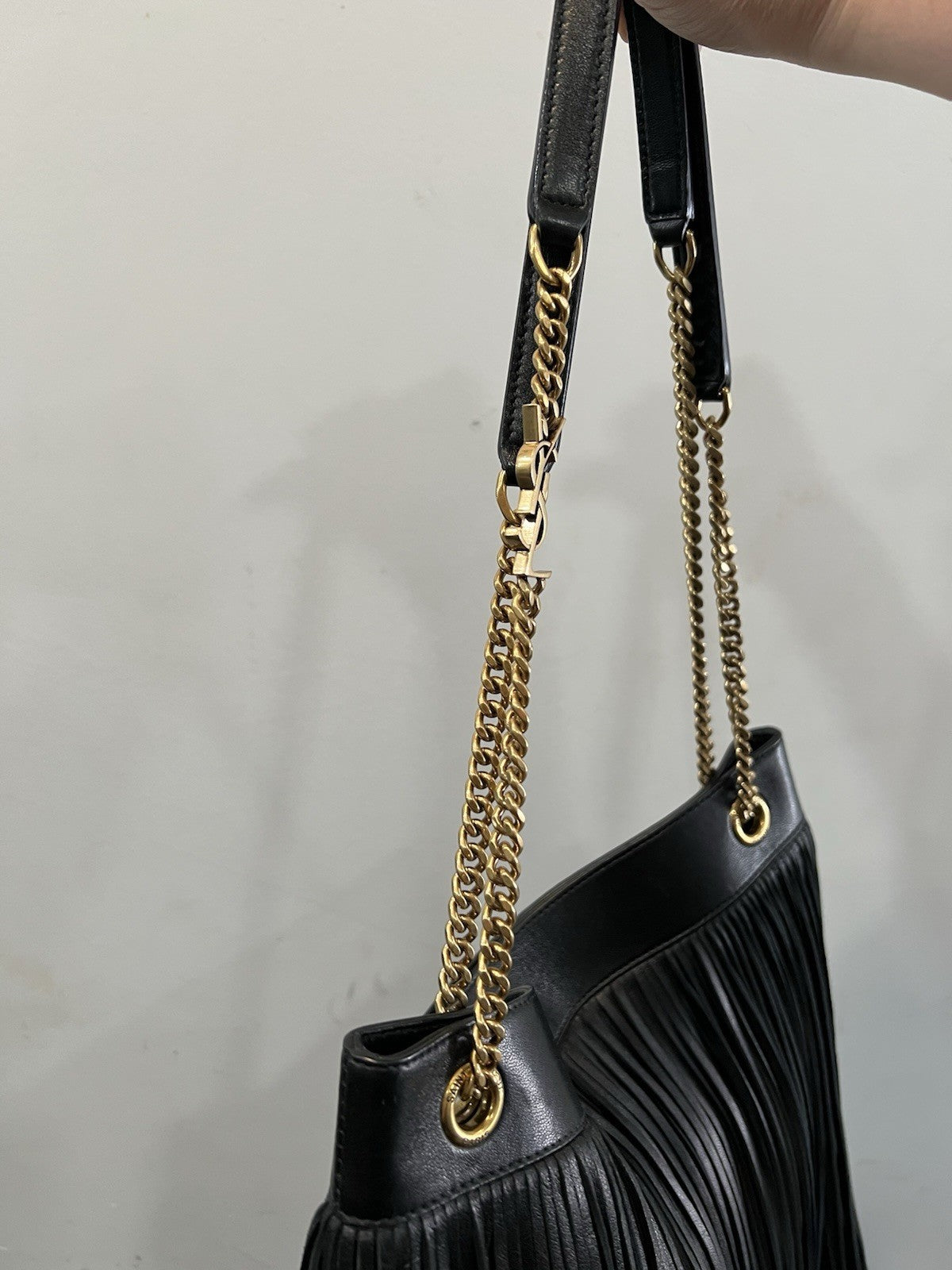 YSL Saint Laurent Grace Black Fringe Suede Hobo Bag With Authenticity