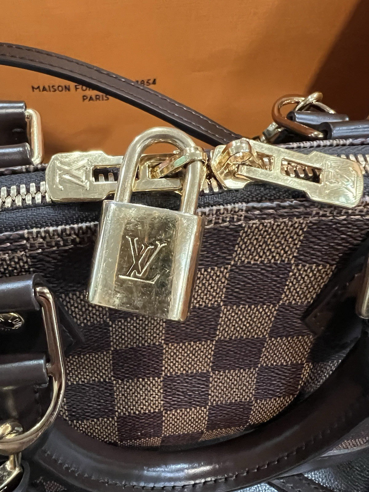 Louis Vuitton Damier Ebene Alma BB Box Lock Key Bag & Authenticity Retail $2k