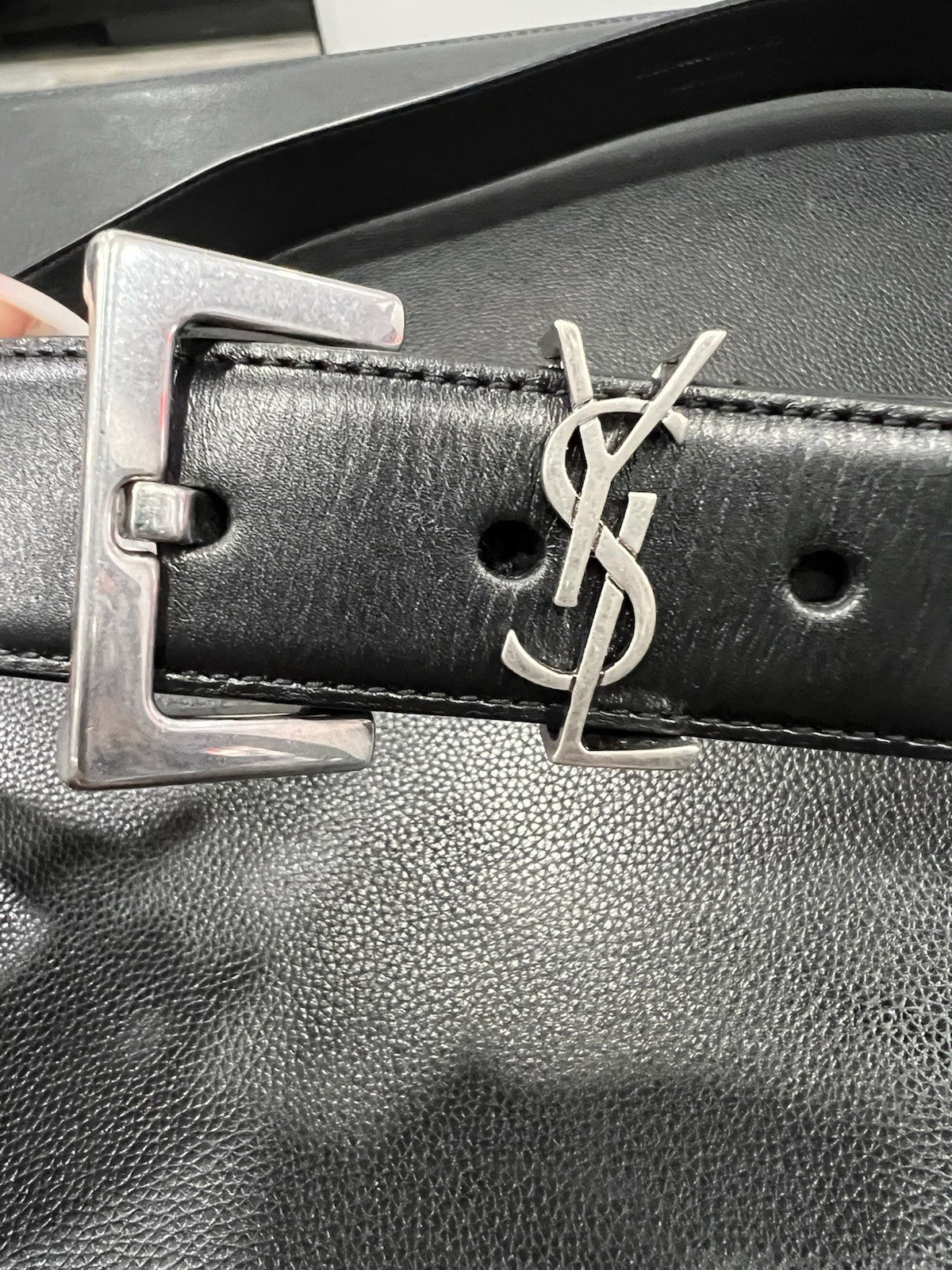 YSL Black & Silver Plated Cassandre Leather Monogram Belt Sz 90cm