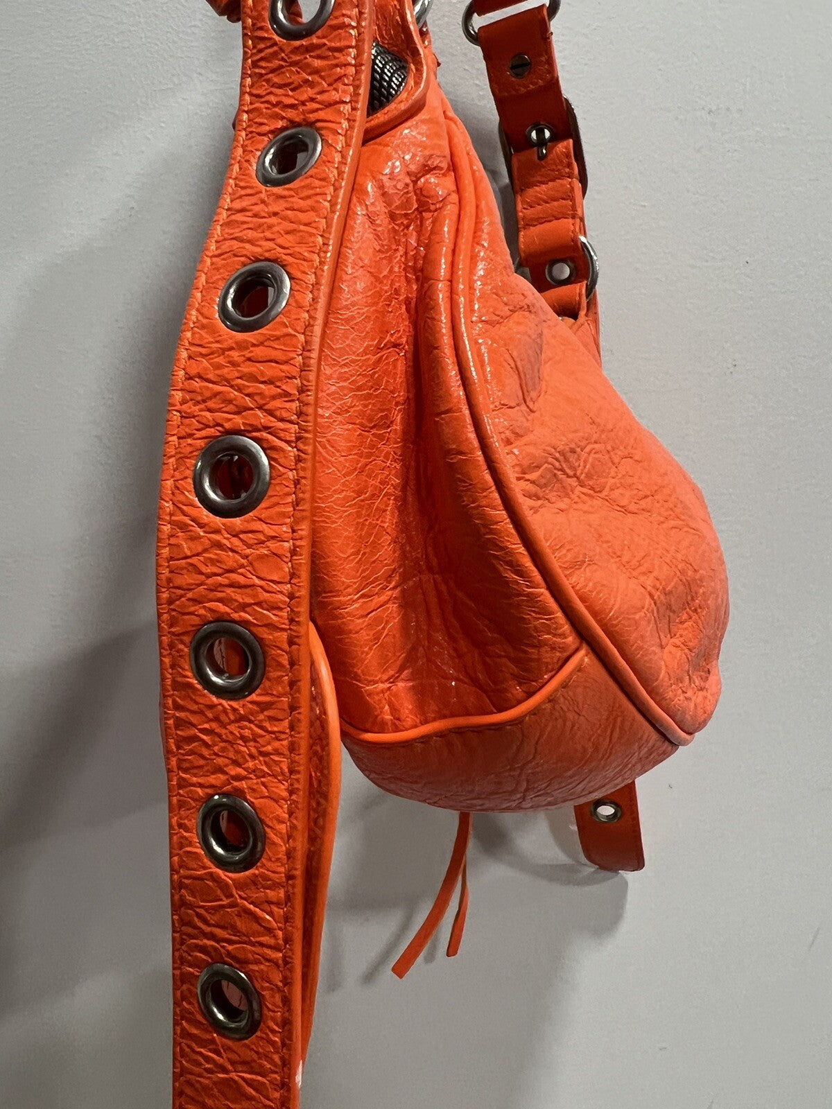 Balenciaga Le Cagole XS Neon Orange Arena Leather Shoulder Bag
