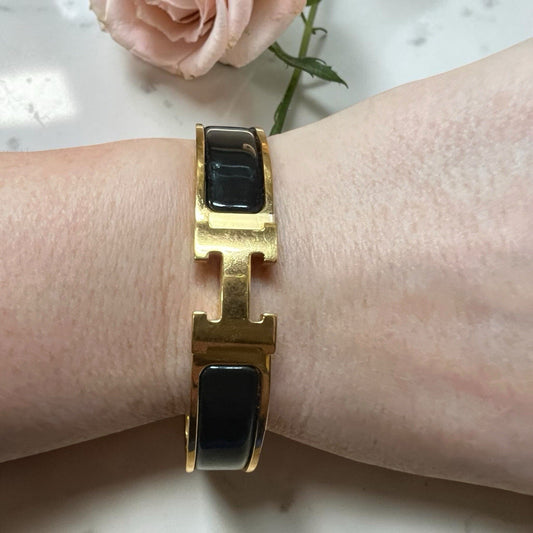 Hermes Click H Black/Gold Cuff Bracelet Retail $810 AUTHENTIC 6.75"