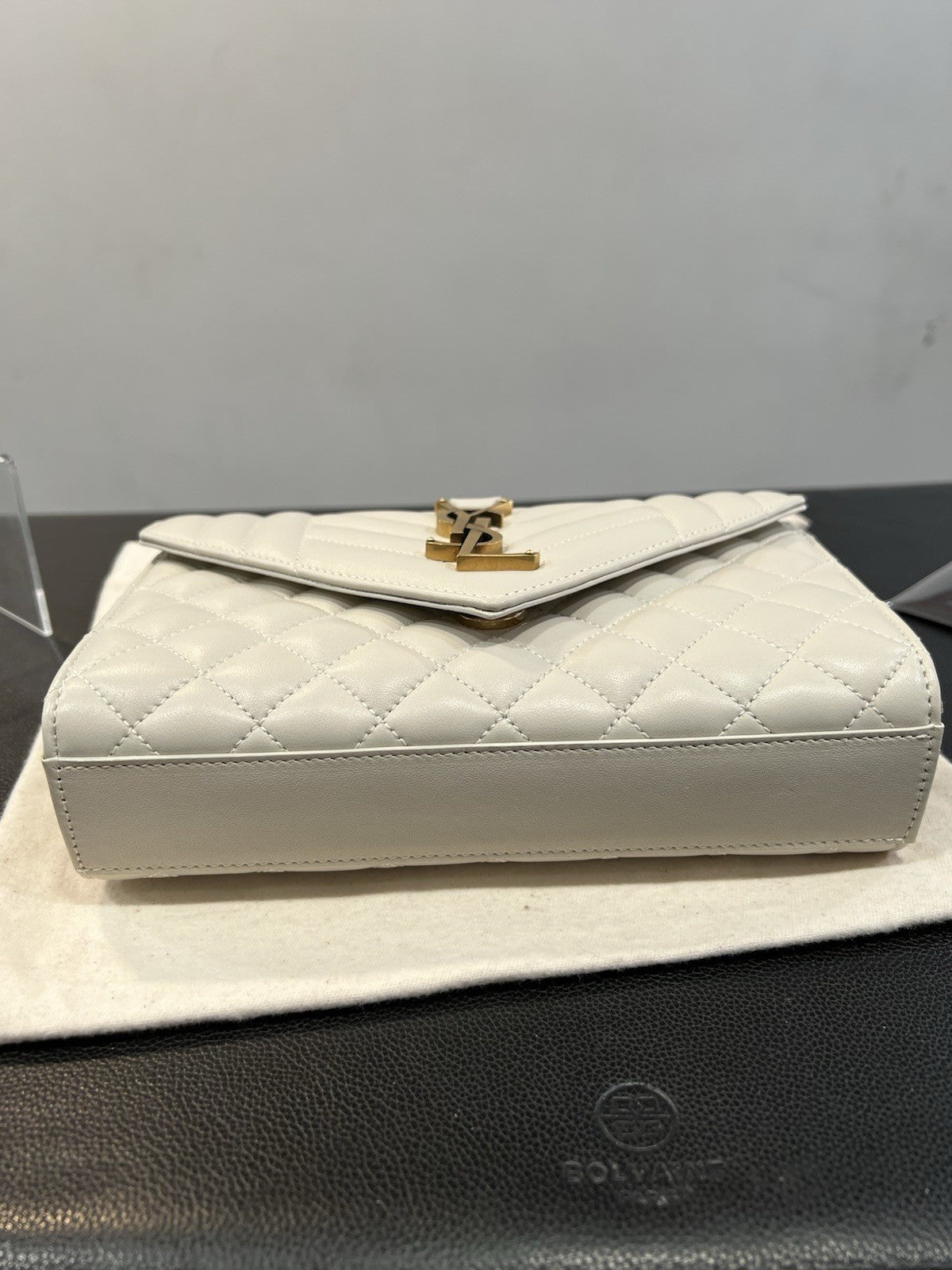 YSL Saint Laurent Ivory/Gold Envelope Triquilt Small Smooth Leather MSRP $2950