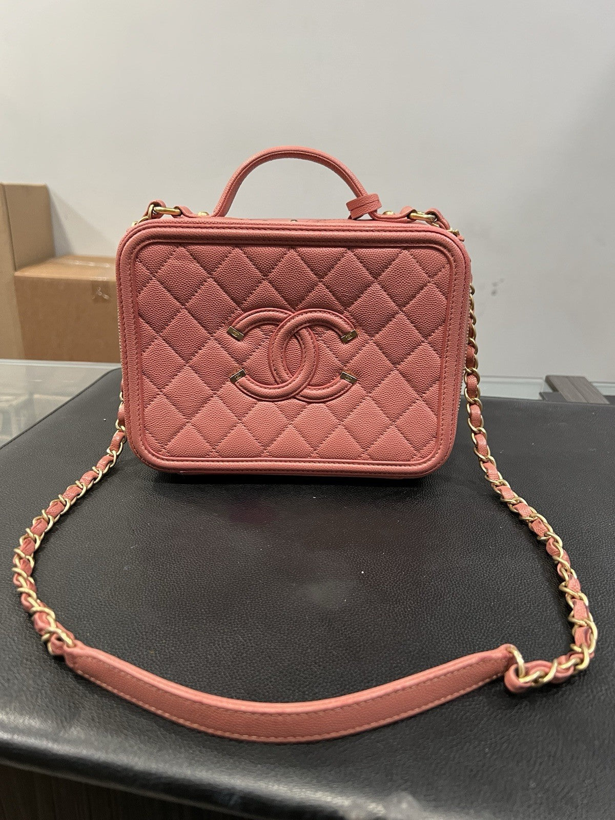 Chanel Pink Filigree Vanity Case With Authenticity