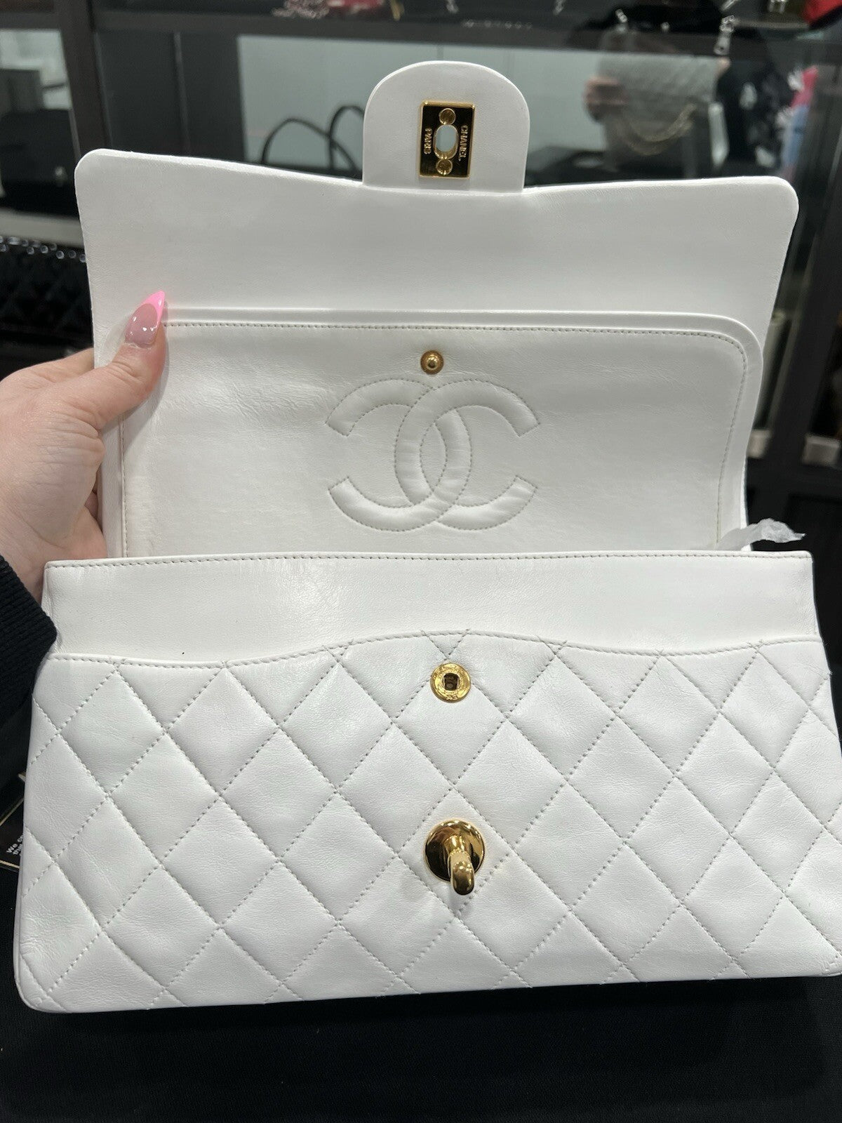 Chanel White 24k Gold Plated Hardware Lambskin Double Flap Classic