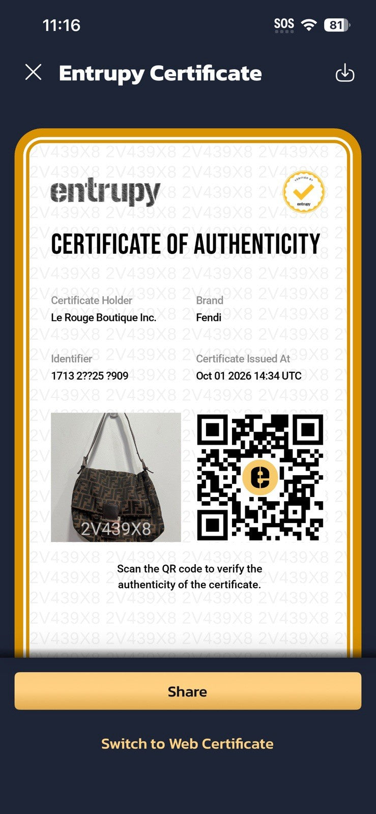 Fendi Zucca FF Mama Baguette Shoulder Bag With Authenticity