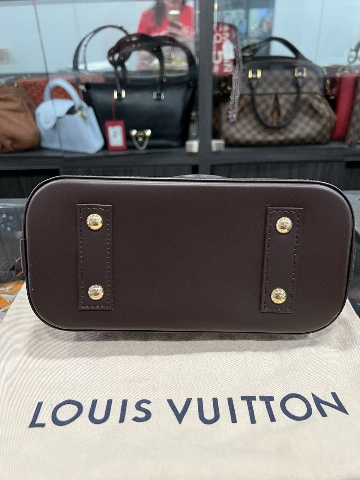 Louis Vuitton Damier Ebene Alma BB W/Lock Key & Duster (Monogrammed No Strap)