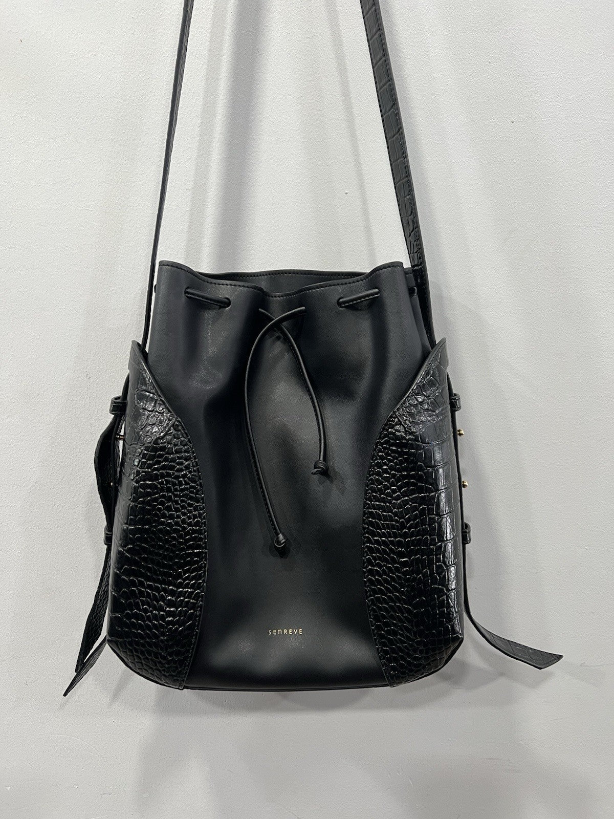 Senreve Fiore Vegan Leather Black Croc Embossed Bucket Bag Retail $825