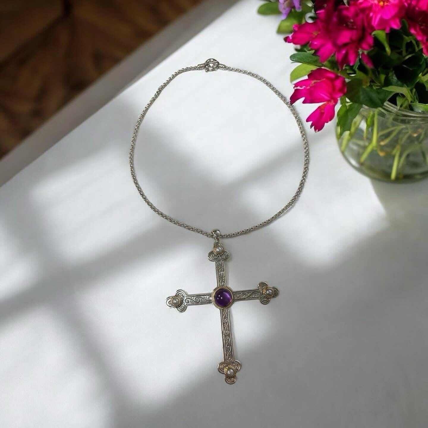 Konstantino .925 Sterling Silver 18k Gold Amethyst Pearl RARE Necklace