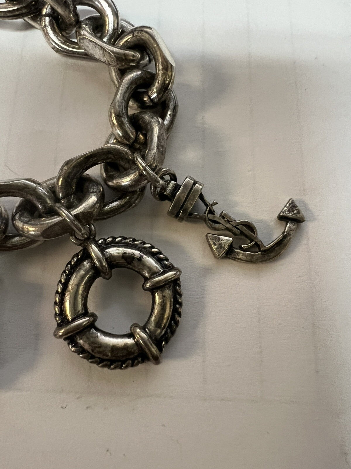 YSL Saint Laurent Nautical Silver Toned Charm Bracelet 6.25" RARE