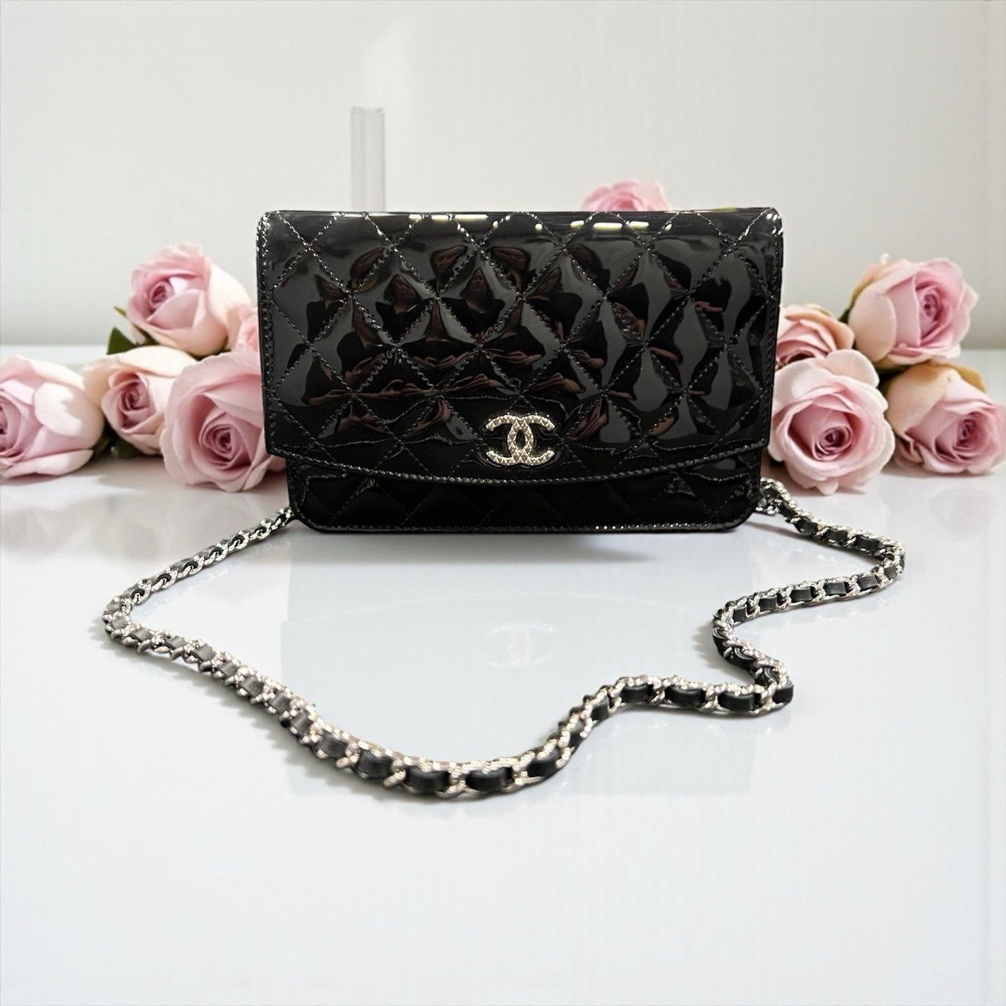 Chanel Black Quilted Patent Leather Brilliant Wallet On Chain Crossbody