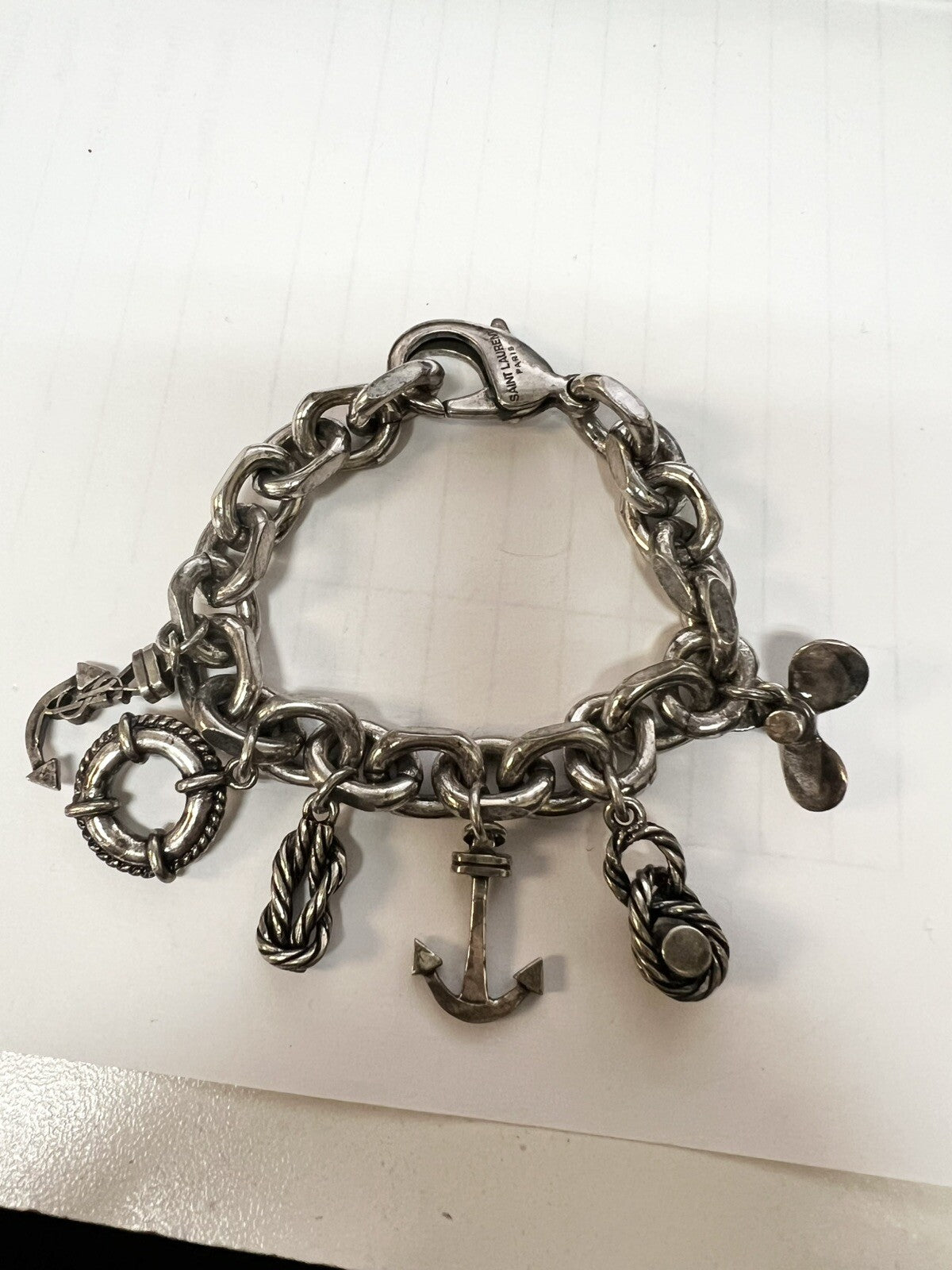 YSL Saint Laurent Nautical Silver Toned Charm Bracelet 6.25" RARE