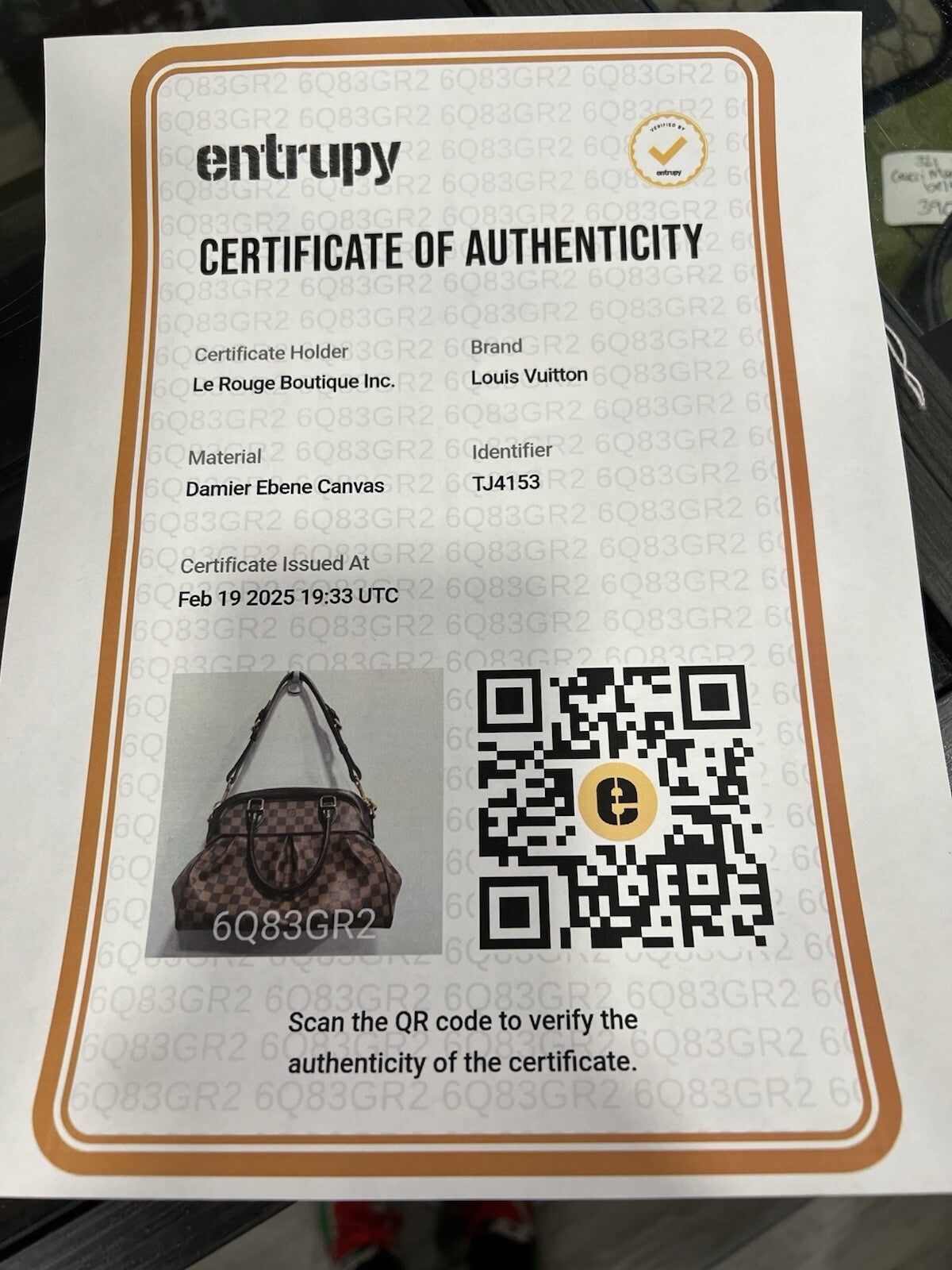 Louis Vuitton Damier EbeneTrevi PM W/Certificate Of Authenticity