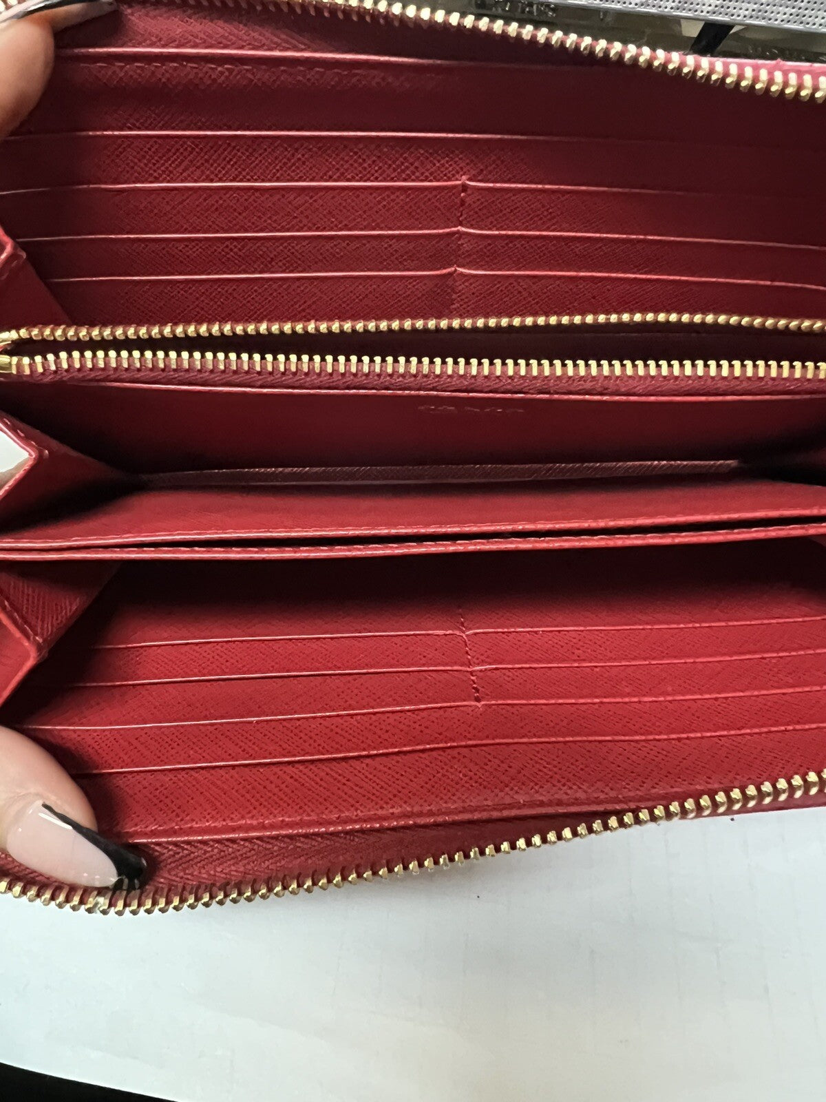 Prada Saffiano Red Leather Zip Around Wallet W/COA